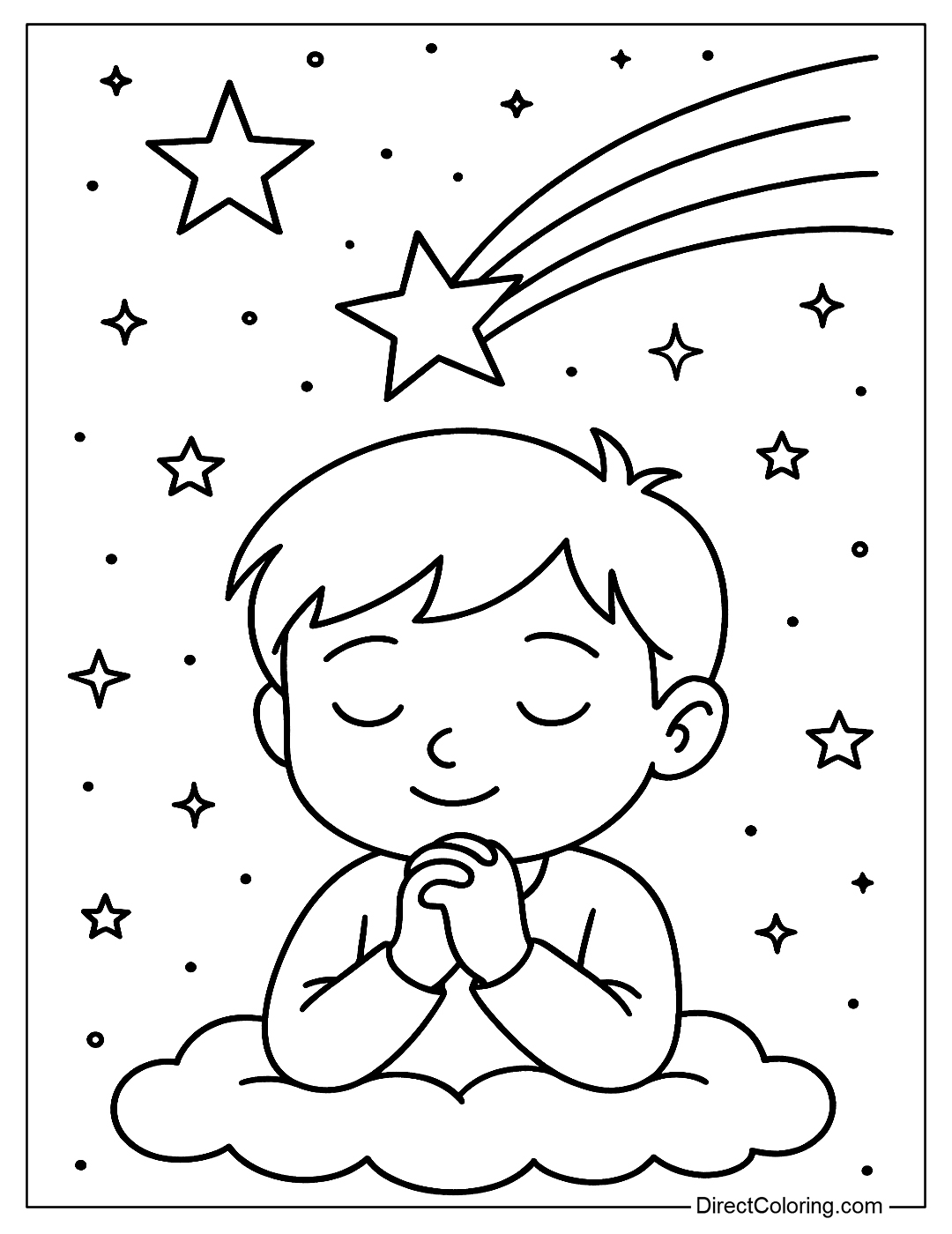 Coloring page of a boy closing his eyes and making a wish under a falling shooting star.